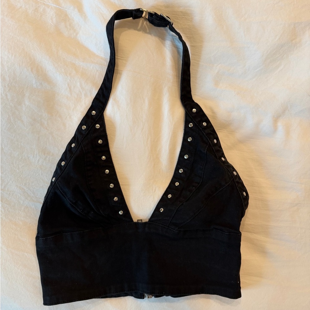 superdown Black Studded Halter Crop Top